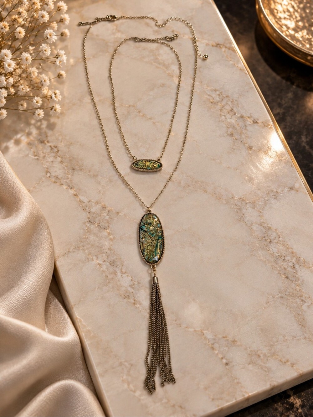 Gold-Tone Green Inlay Double-Layer Tassel Pendant Necklace
